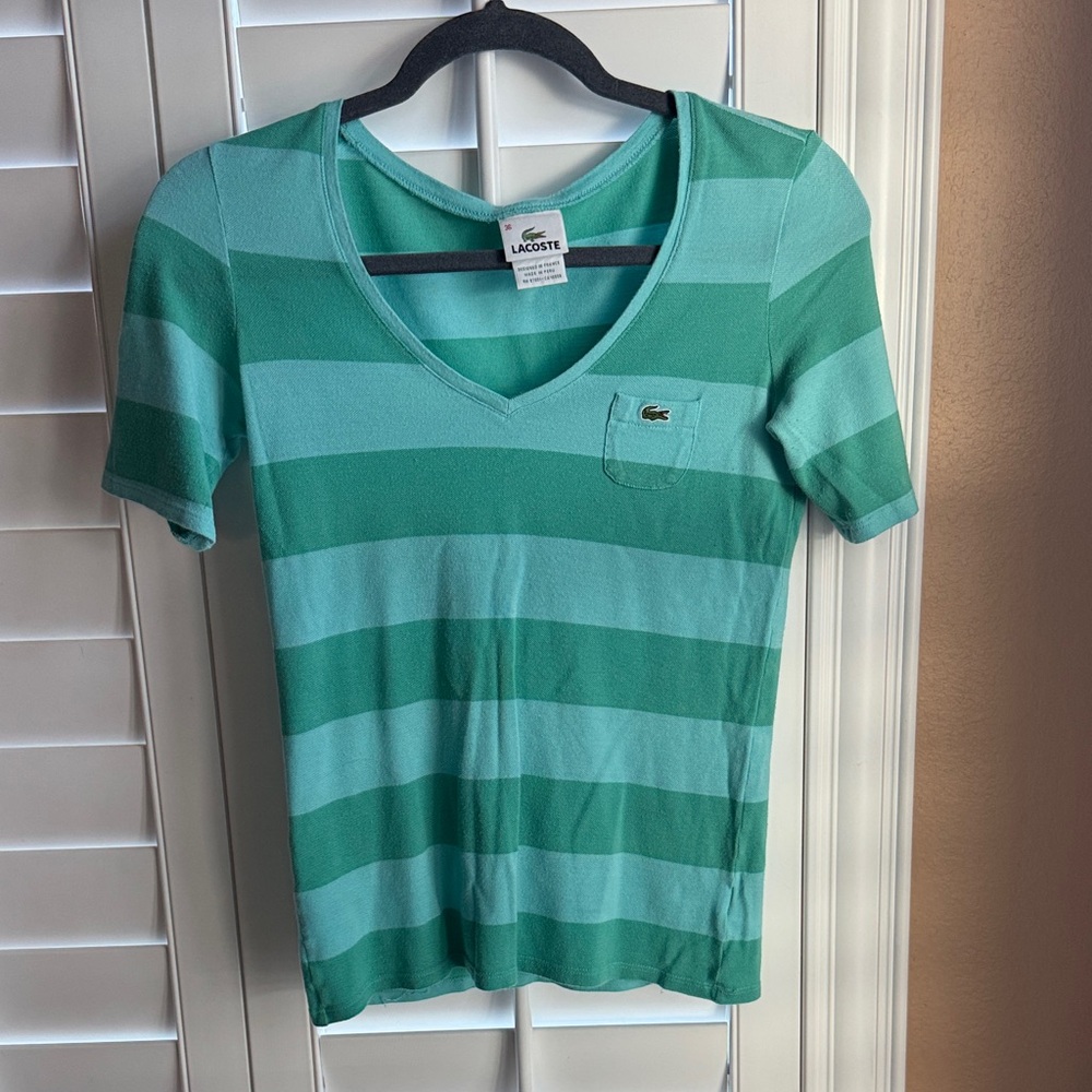 Lacoste Women's Teal and Mint Striped Tee